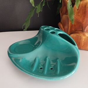 Vintage 70s Vitrex Ceramic Bathroom Soap Dish Toothbrush Cup Holder-Aqua